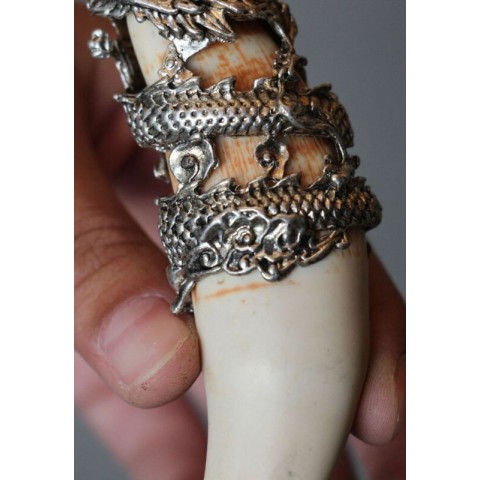 Chinese Antique Silver Dragon Talisman Pendant from Boar's Tooth