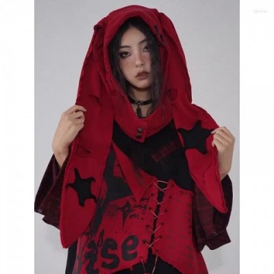 Punk Style Red and Black Scarf with Rabbit Ear Hat for Women