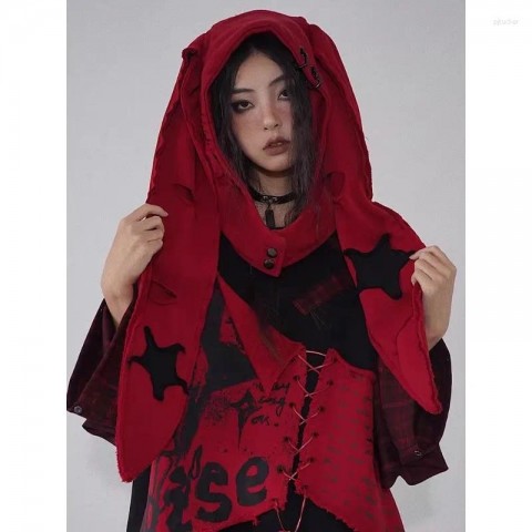 Punk Style Red and Black Scarf with Rabbit Ear Hat for Women