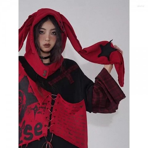 Punk Style Red and Black Scarf with Rabbit Ear Hat for Women