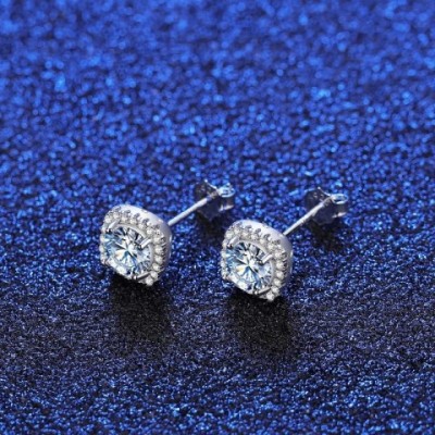 CZCITY Women's Trendy Square Stud Earrings in Sterling Silver with Moissanite
