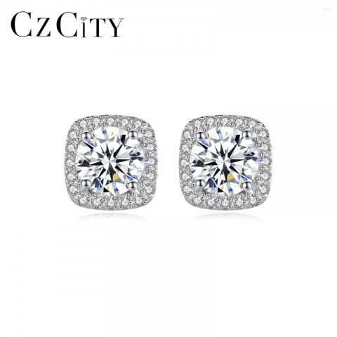 CZCITY Women's Trendy Square Stud Earrings in Sterling Silver with Moissanite