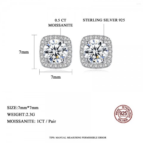 CZCITY Women's Trendy Square Stud Earrings in Sterling Silver with Moissanite